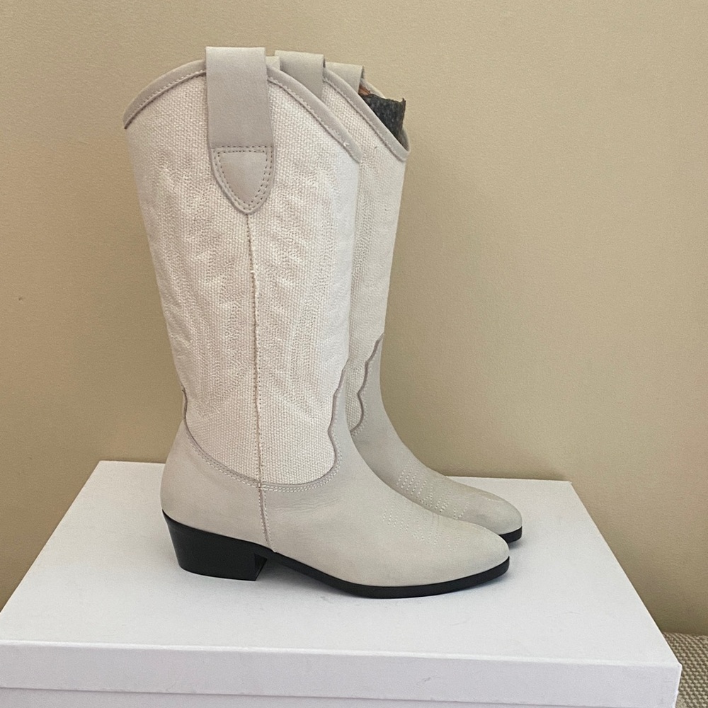 Toral Revolve gray/blue suede and cream fabric embossed upper sz36 cowboy boots